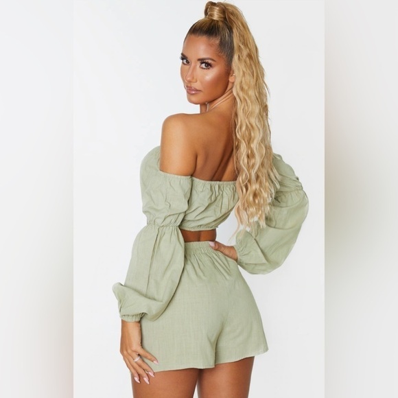 NWT Pretty Little Thing Pale Khaki Linen Look Bardot Puff Sleeve Beach Top - Picture 5 of 5